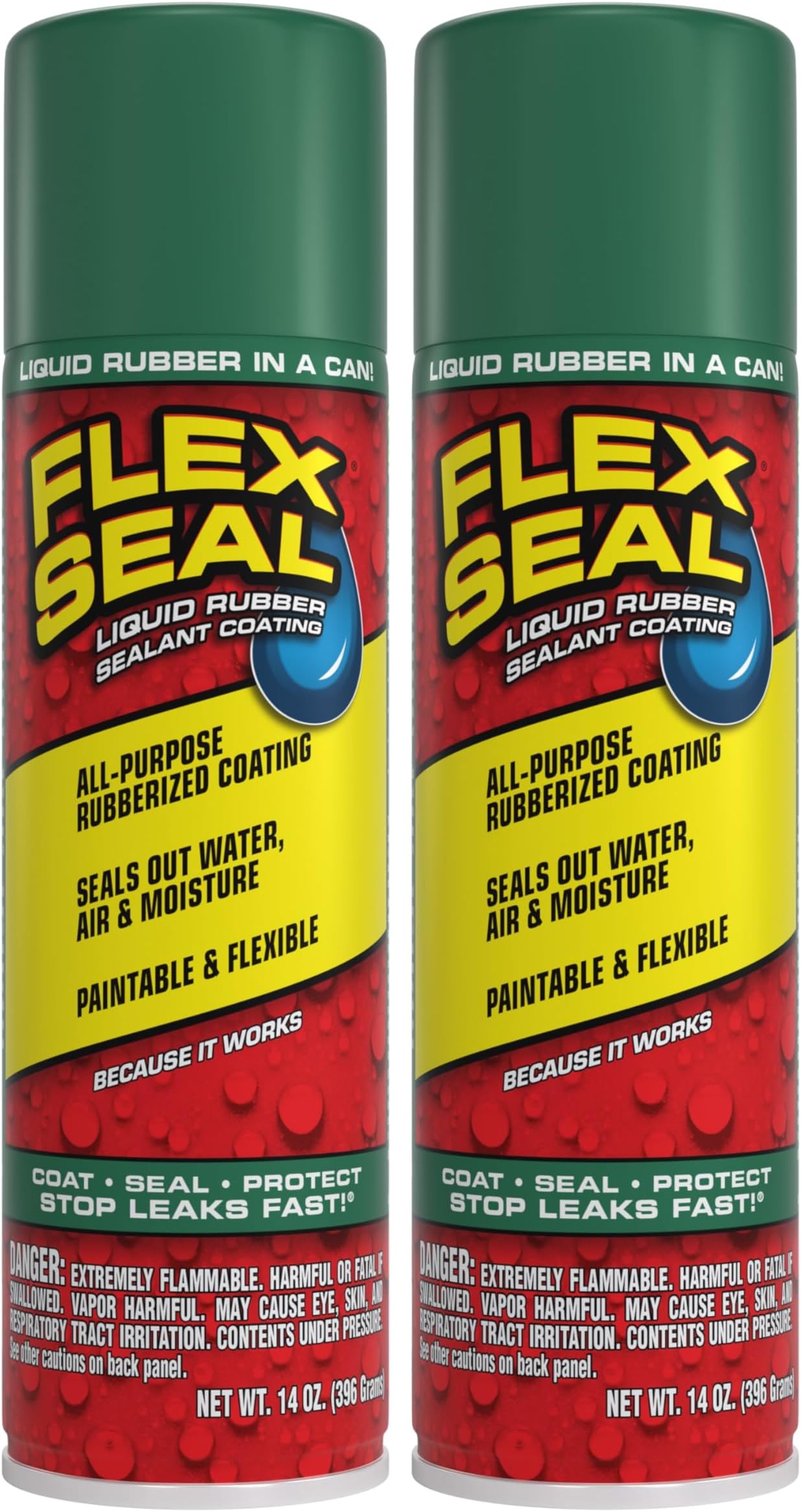 Flex Seal, 14 oz, 2-Pack, Green, Stop Leaks Instantly, Waterproof Rubber Spray On Sealant Coating, Perfect for Gutters, Wood, RV, Campers, Roof Repair, Skylights, Windows, and More