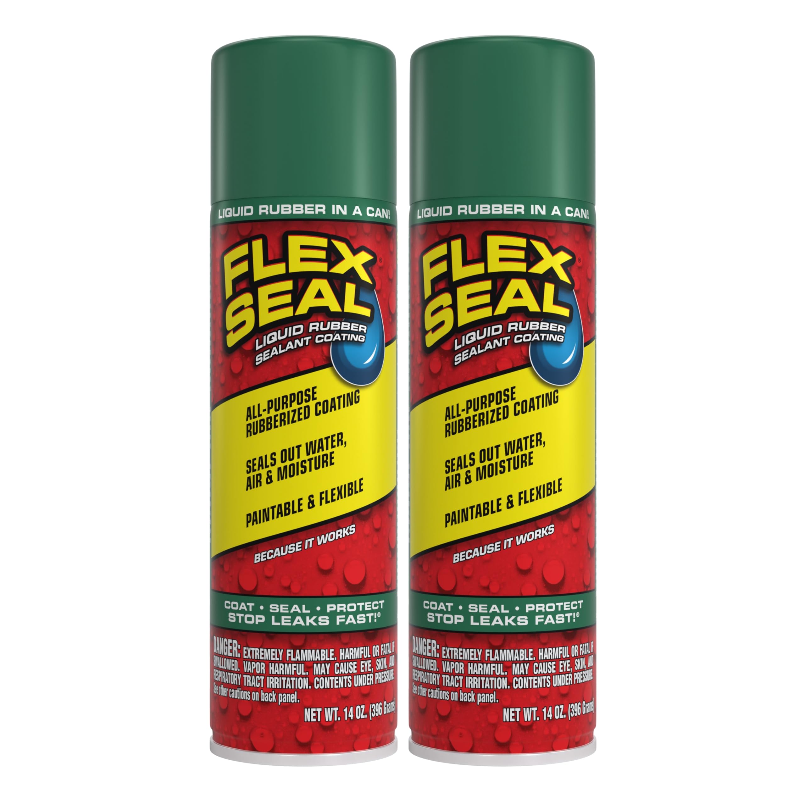 Flex Seal Spray Rubber Sealant Coating, Waterproof, Green, 14 oz, 2-Pack