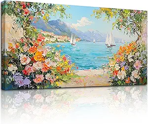crmotu Coastal Wall Art, Flower Pictures Wall Decor, Large Landscape Wall Art, Ocean Sailboat Artwork for Walls, Seaside Canvas Painting for Living Room Bedroom Modern Office Art Prints 24x48inch