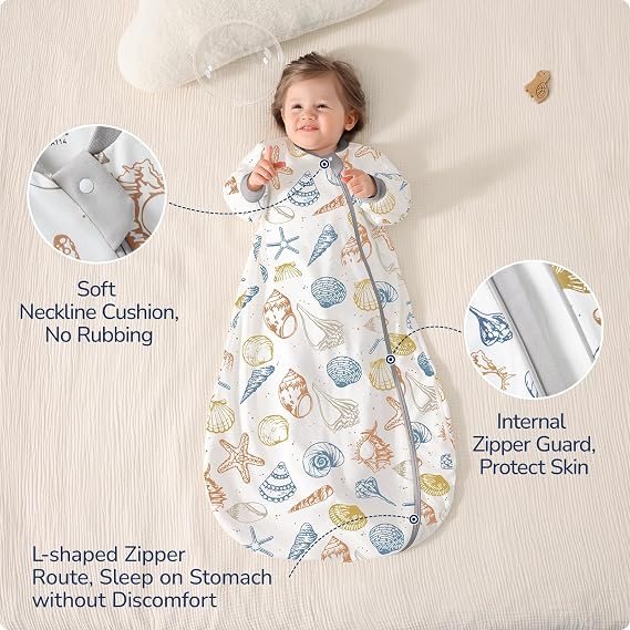 Baby Sleep Sack 36 Months, Cotton Sleep Sack with Detachable Long Sleeves, 1.0 TOG Wearable Blanket for Cooler Nights, 2-Way Zipper Toddler Sleeping Sack with Temperature Strip, Ocean