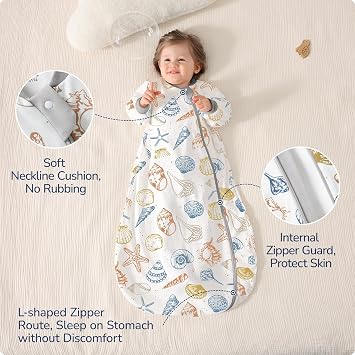Baby Sleep Sack 36 Months, Cotton Sleep Sack with Detachable Long Sleeves, 1.0 TOG Wearable Blanket for Cooler Nights, 2-Way Zipper Toddler Sleeping Sack with Temperature Strip, Ocean