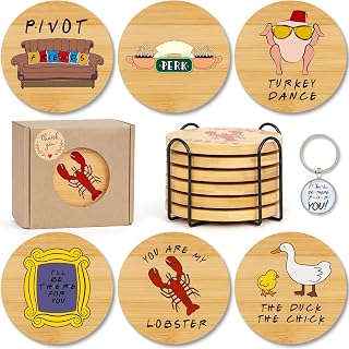 Friend Coasters Merchandise, TV Show Gifts for Fans, Bamboo Wood Set with Holder, Housewarming Presents for Friends, Drink Coffee Table Decor for Home/Office/Kitchen, 6 Piece, Round 3.9"