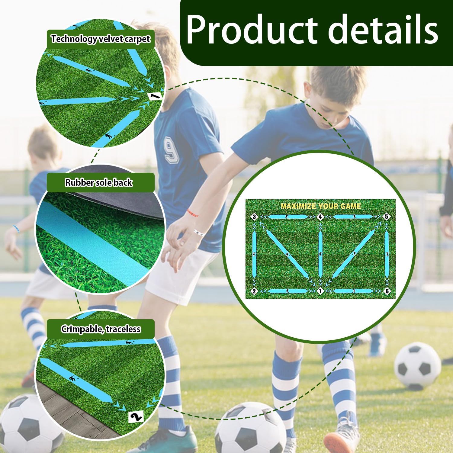 Tappetino antiscivolo per allenamento calcistico, 60 x 90 cm, grande tappetino da calcio per controllo del dribbling, tappetino sportivo per bambini, adulti, per interni (blu)