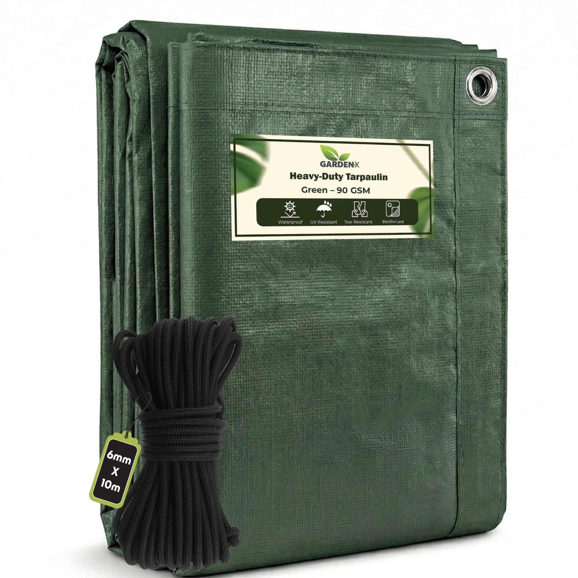 GARDENIX 5m x 6m Green Heavy Duty 90gsm Tarpaulin Waterproof Tarp Sheet Cover, Groundsheet, Multipurpose, Reinforced + 10 Metres of 6mm Bungee Rope
