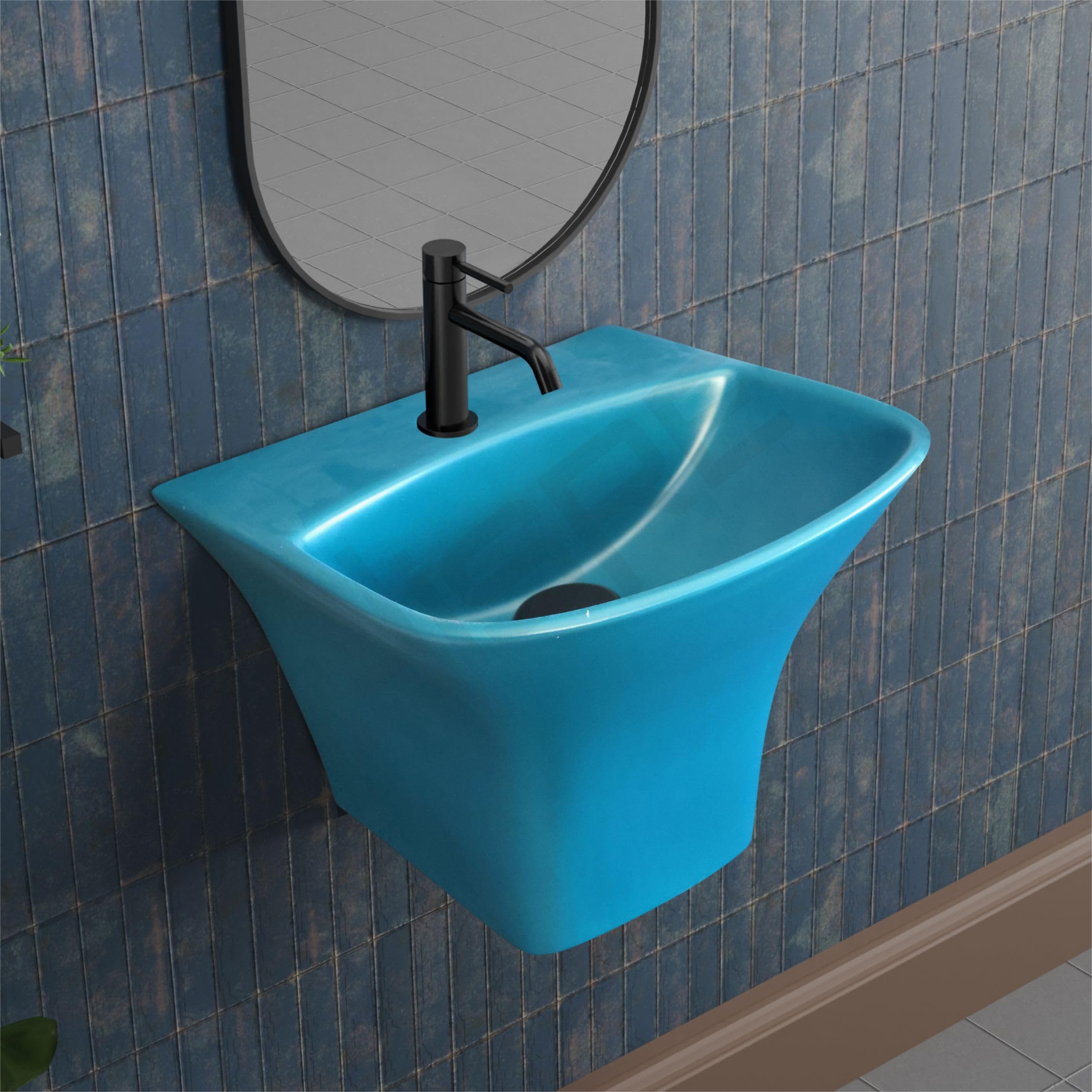 Hisre Modern Wall-Mounted Matte Ceramic Wash Basin with Curved Rectangular Design | Space-Saving Floating Bathroom Sink for Contemporary Interiors (Blue Matt), photo 1 of 5