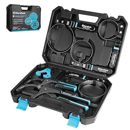DURATECH 8-Piece Oil Filter Swivel Wrench Set, Wrenches Cover 2-3/4" to 5-1/4", 9" & 12" Adjustable Oil Filter Pliers, Universal 3-Jaw Removal Tool with 1/2" to 3/8" Adapter, Organized in Storage Case