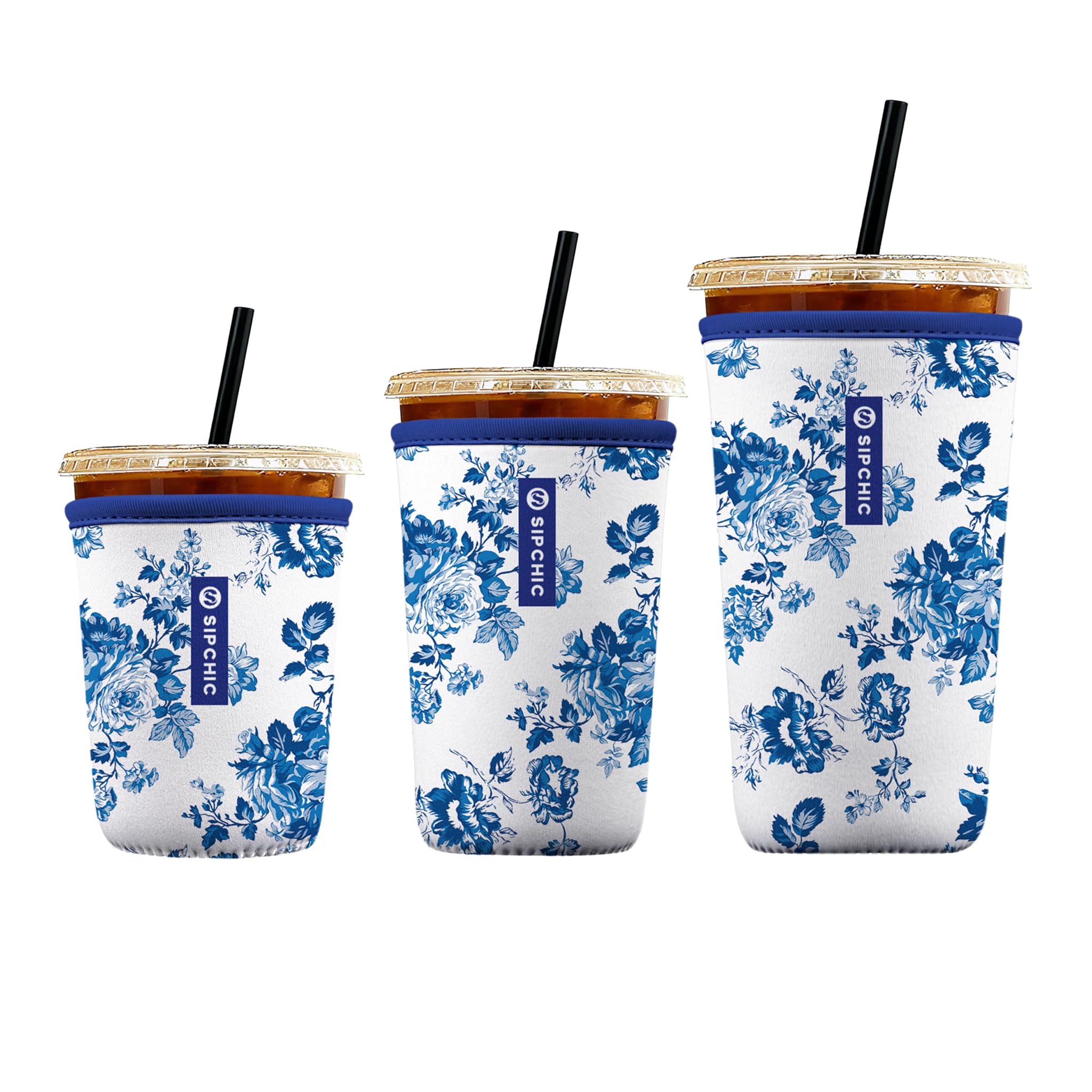 Iced Coffee Sleeve – Neoprene Reusable Cup Sleeves for Drinks, Insulated Drink Sleeves to Keep Hands Dry &amp; Drinks Cold, Stylish &amp; Durable Coffee Sleeves (Blue Porcelain Bloom, S/M/L 3-Pack)