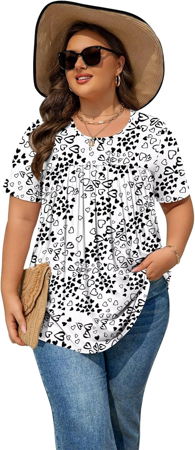 Womens Plus Size Tops Tunic Short Sleeve Round Neck Shirts Pleated Dressy Casual Soft Blouse 1X-5X - Image 2