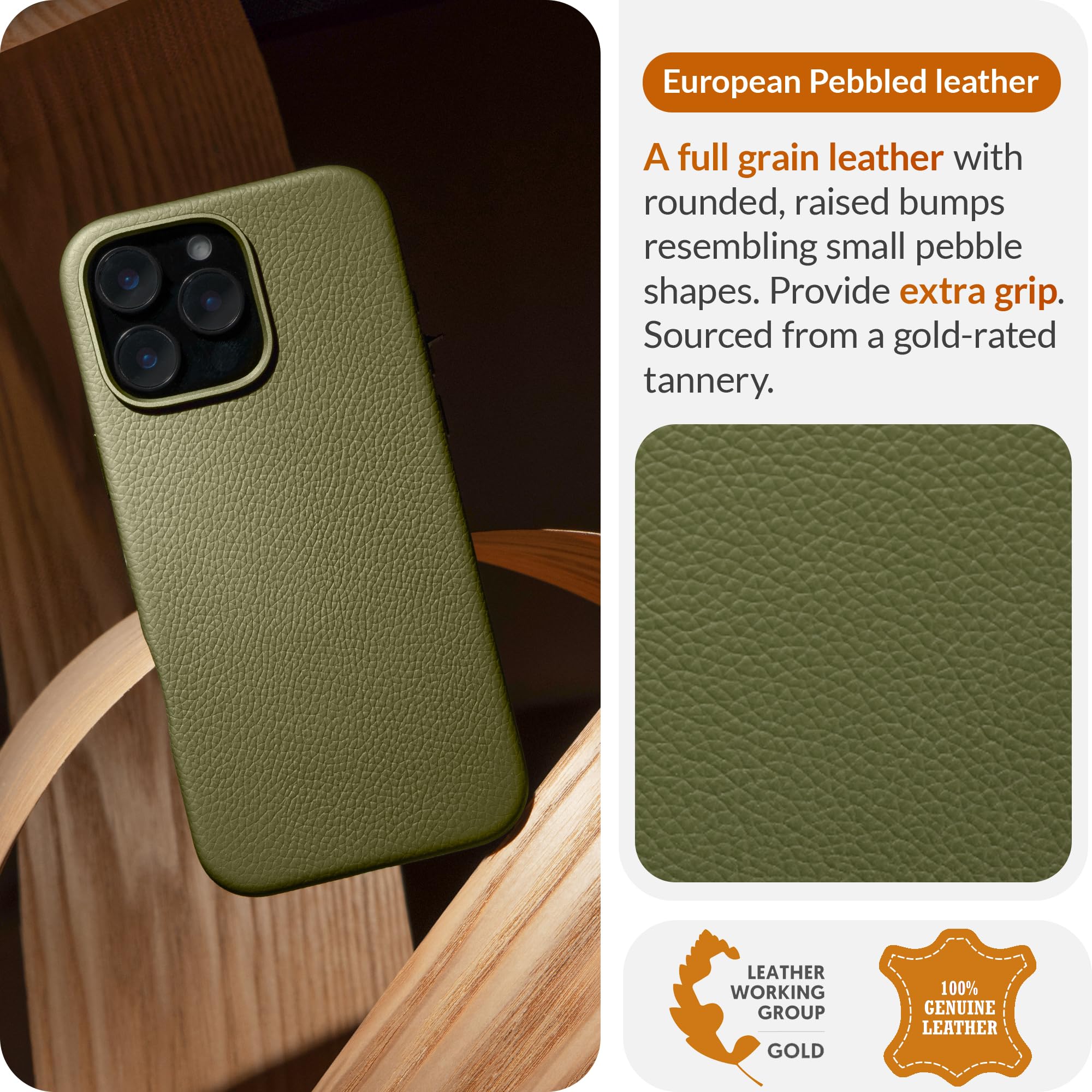 LONLI Urban, for iPhone 16 Pro, European Genuine Pebble Leather Phone Case, European Elegance, Modern Design - Image 3