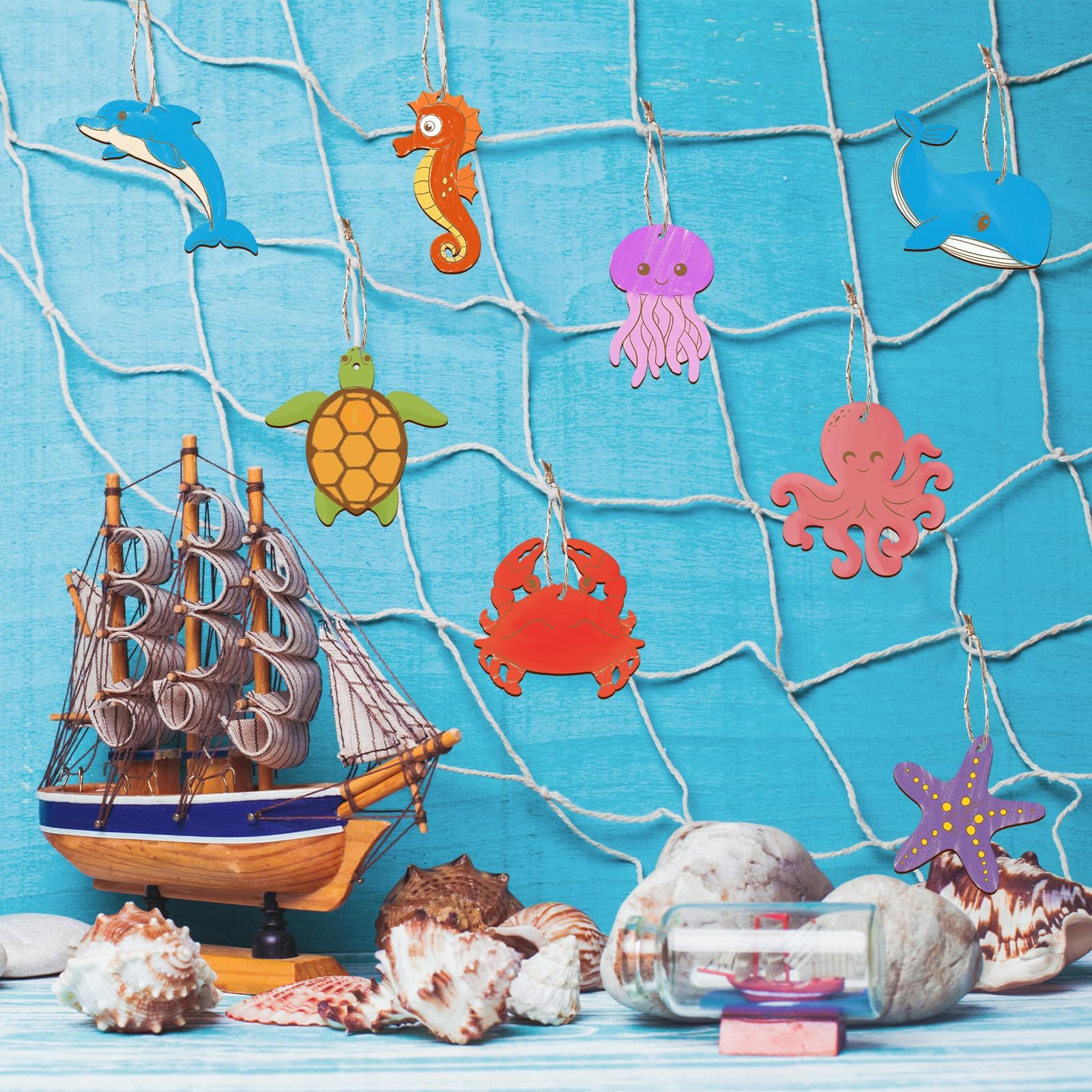 100 Disques Bois Animaux Marins à Peindre – Kit Créatif 3D – 7 Motifs – Double-face – Activité Parent-enfant Dès 4 Ans