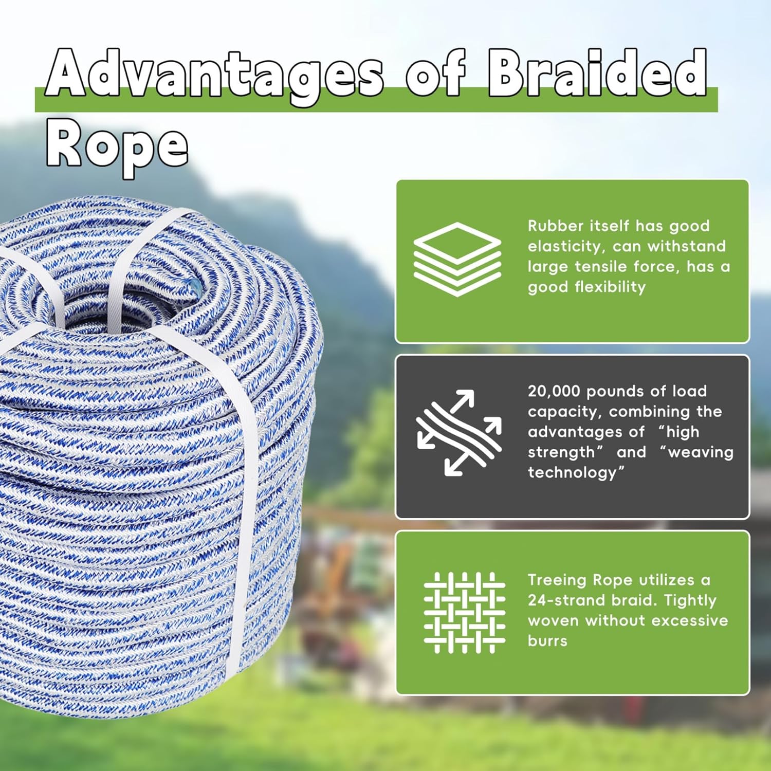 3/4 in 200 FT 24 Strand Braided Rope Bull Rope for Tree Work Multipurpose Polyester Pulling Rope Suitable for Arborist Swing Tree Felling Blue White