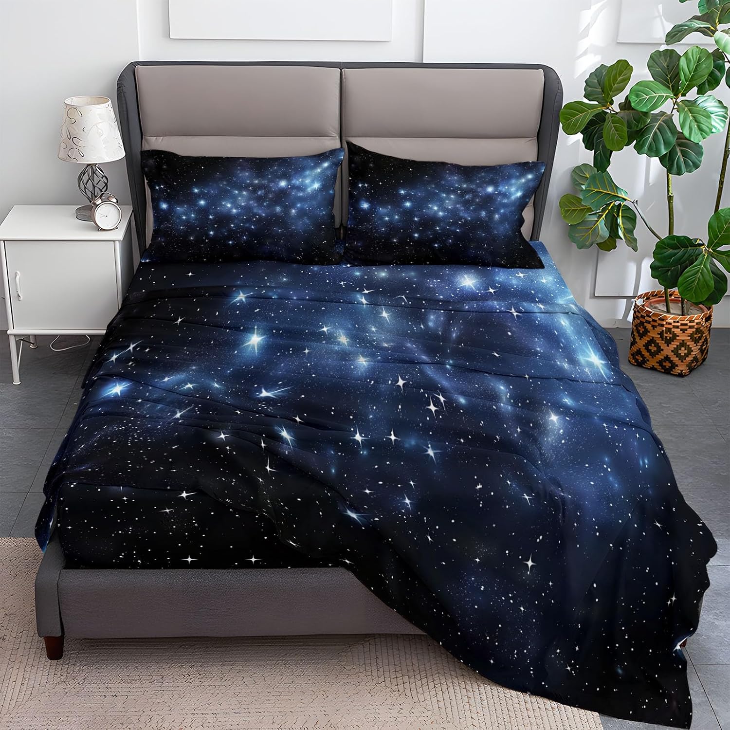 Fitted Sheet 4 Pieces King Size Blue Black, Deep Pocket for 8" to 16" Thick Mattress, Soft Microfiber Wrinkle Free Fade Resistant, with 1 Flat Sheet 2 PillowcasesSpace Nebula Stars