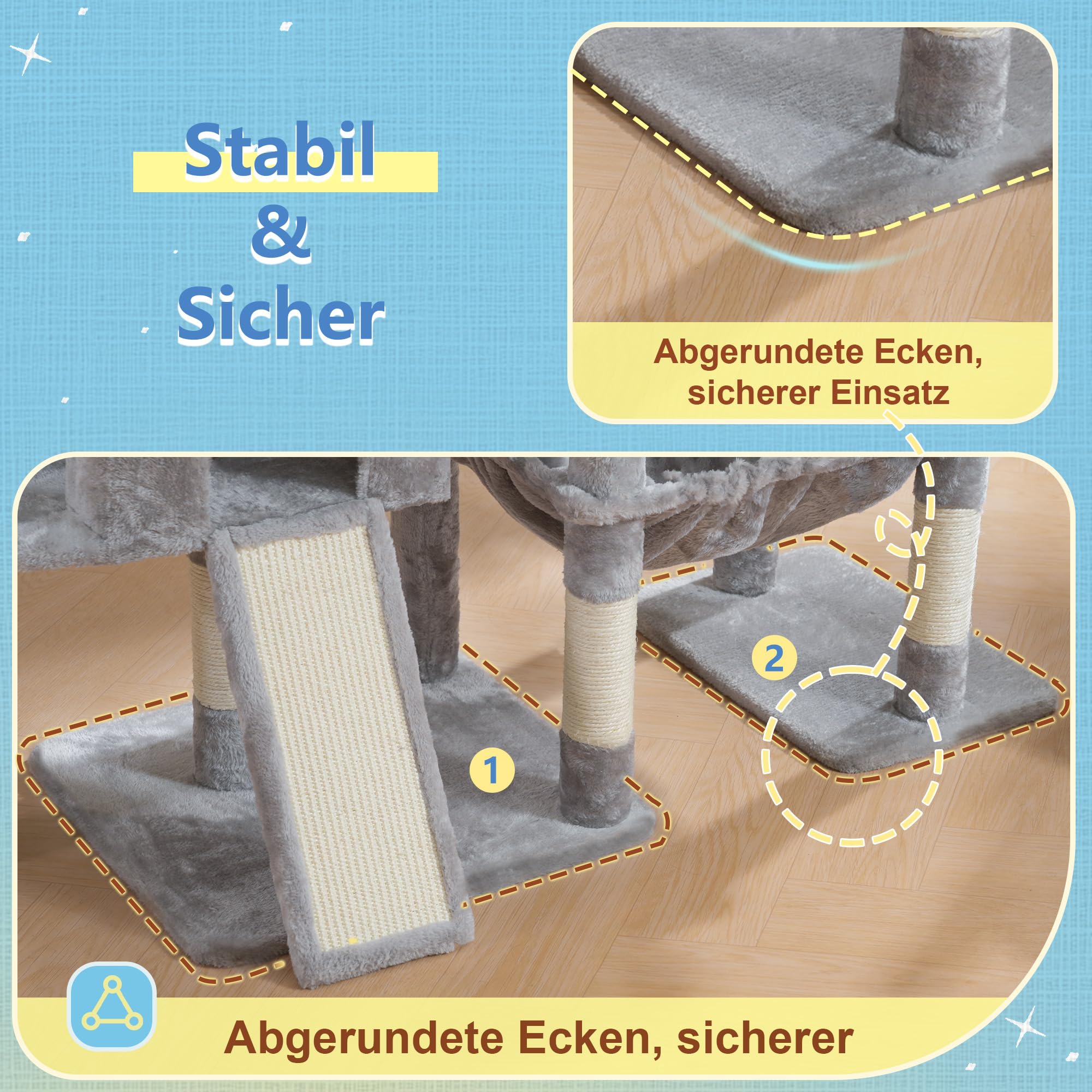 Hey-brother Albero per Gatti, 160 cm Tiragraffi per Gatti, con 3 cucce, amaca grande, piattaforma superiore spaziosa e pannelli in iuta naturale, Arredamento interno per gatti, grigio chiaro MPJ081W