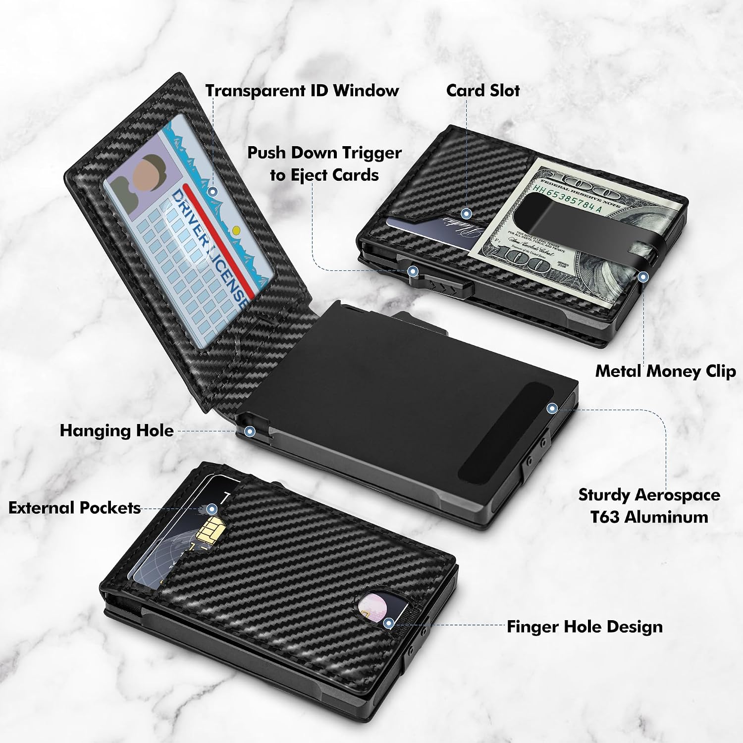 Minimalist Wallet for Men,Slim RFID Blocking Bifold Wallet Credit Card Holder Aluminum Pop-Up Card Case with Money Clip (Carbon Fiber Black)