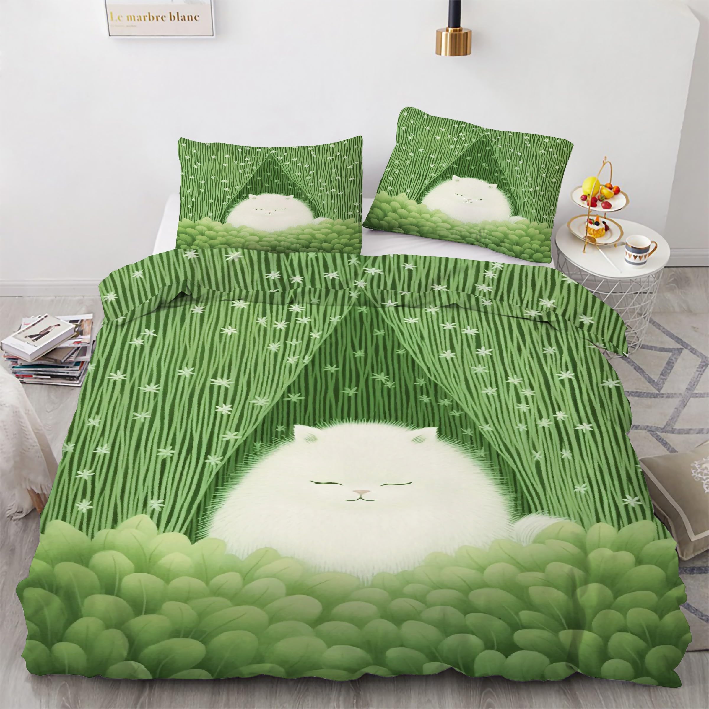 Housse de couette 160x200 chat en microfibre herbe avec ses 2 taies d'oreiller