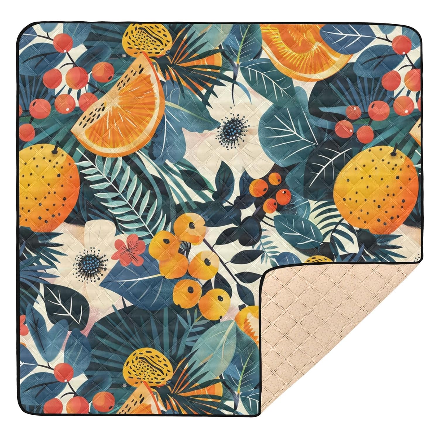 Baby Play Mat Fruit Leaves Tropical 50 x 50 Playpen Mats for Floor Play Gym Crawling Mat Non-Slip Cushioned Baby Playmat for Infants, Babies, Toddlers