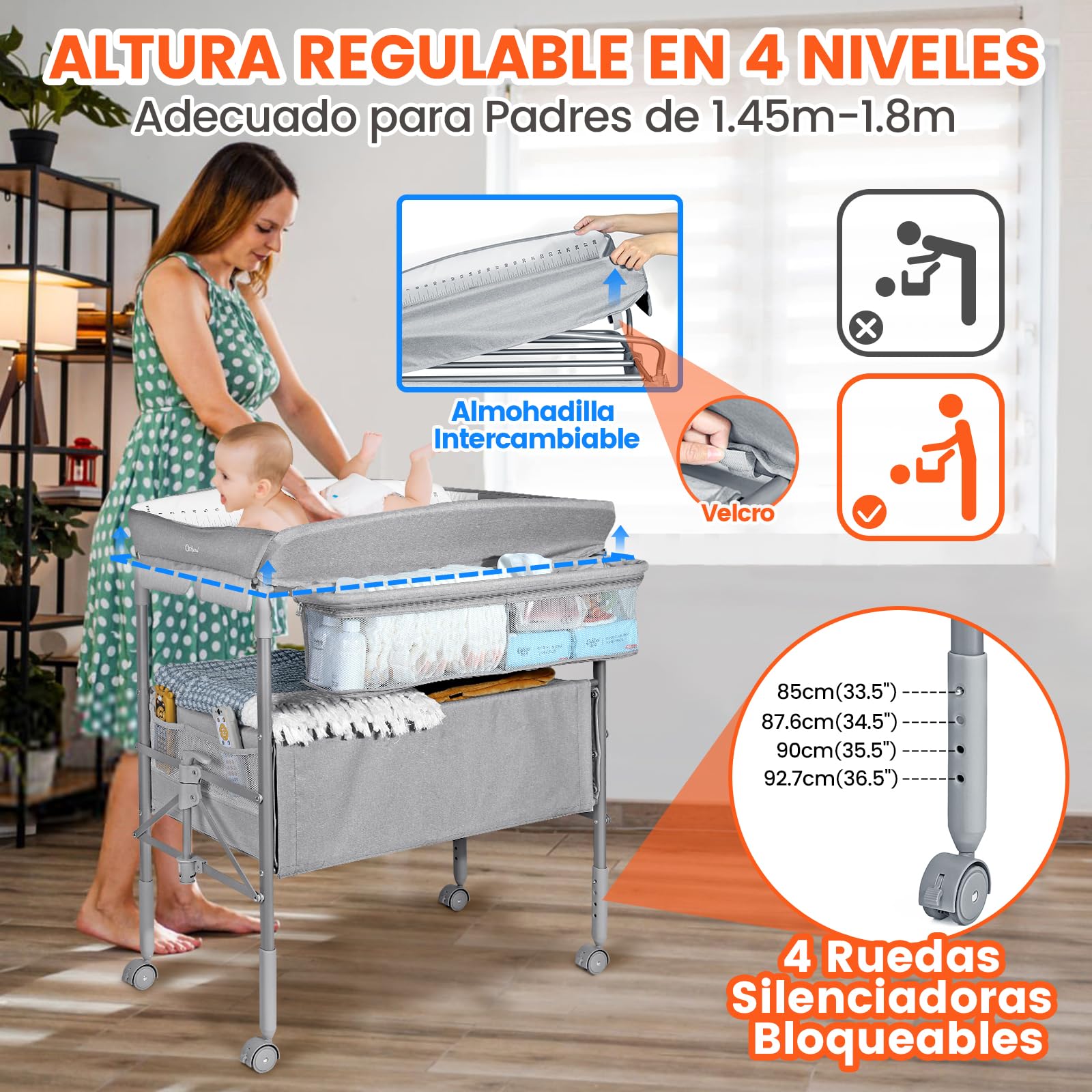 Cambiador Bebe Mueble con Luz Nocturna y Cajones, Mueble Cambiador Bebe Portatil de Altura Ajustable con Correa de Seguridad, Espacio de Almacenaje Extra Grande, Móvil Cómoda Cambiador Bebe, Gris
