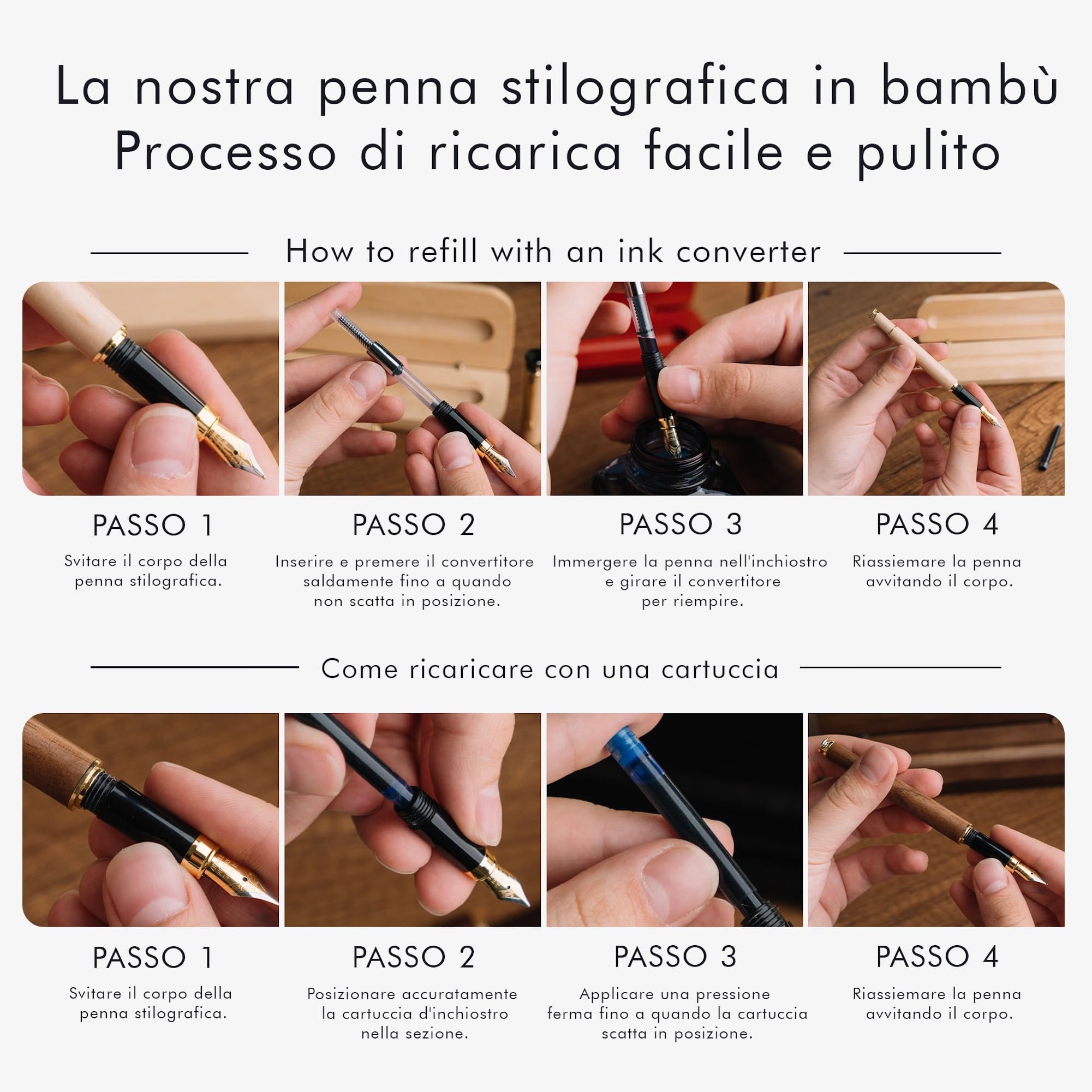 Wordsworth & Black Set penne stilografiche legno di bambù premium pennino medio custodia regalo 6 cartucce inchiostro convertitore ricariche Palissandro
