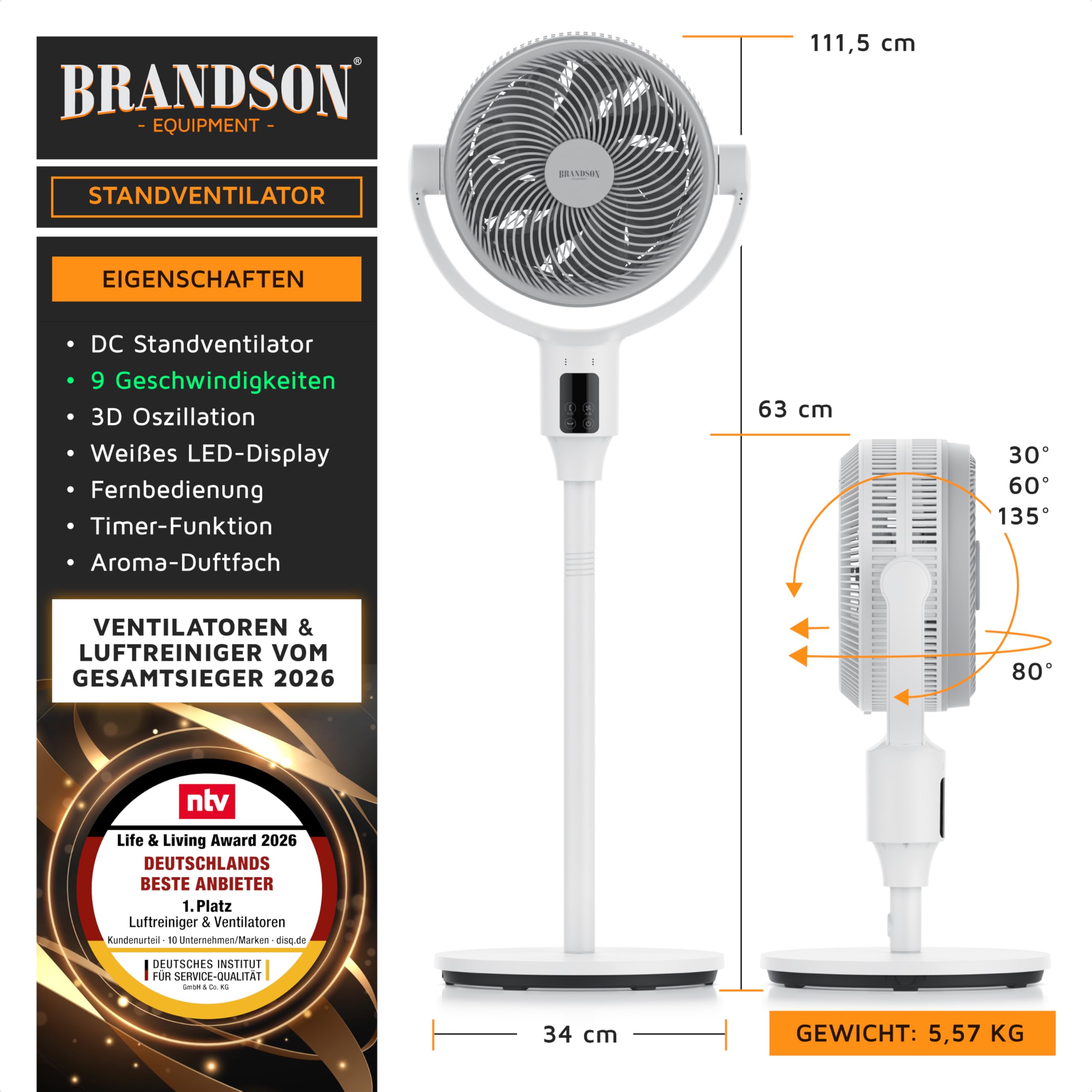 Brandson 3D Dual Blade Standventilator ECO Line DC Motor leise 9 Geschwindigkeitsstufen Fernbedienung energieeffizient