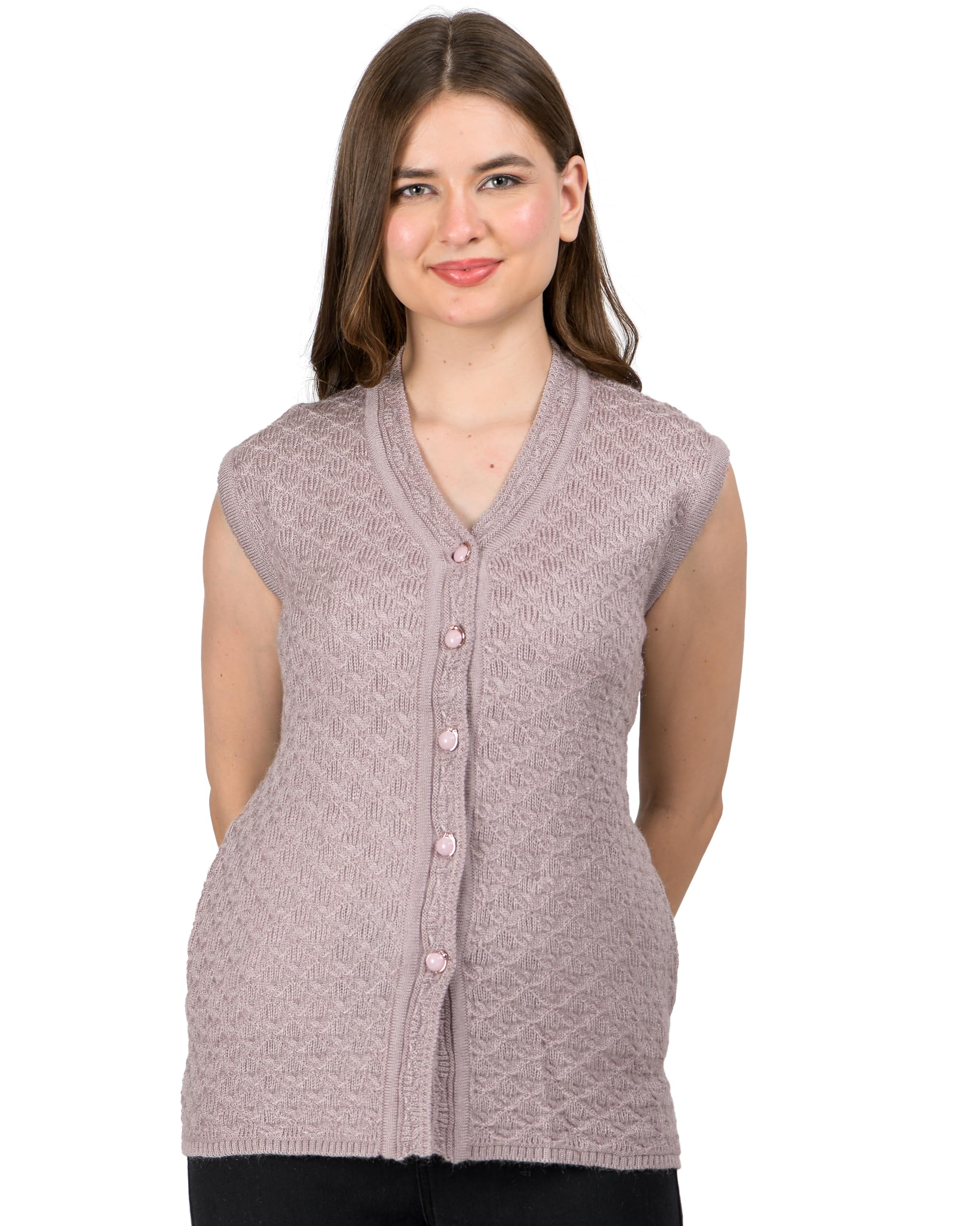 ladywillington Women's Woolen Cardigan - Sleeveless, Self Design, Rainbow Fabric, Winter Wear, Pure Wool, 100% Daffodil Free, Size Cotty, Fully Warm with Side Pockets-picture-52