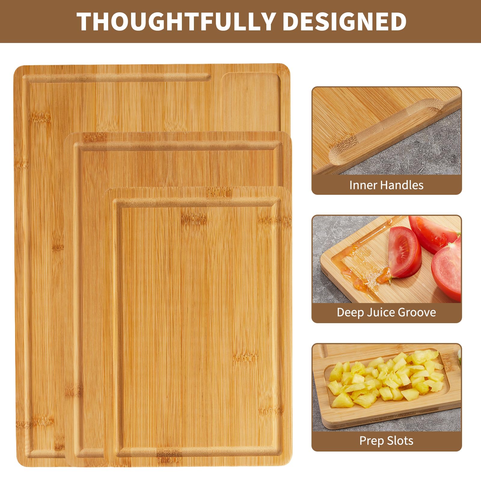 Garvee Set de 3 tablas de cortar de bambú natural para cocina – Con ranuras profundas, asas integradas y compartimentos – Resistentes, ideales para carne, verduras, frutas y queso – Perfectas para