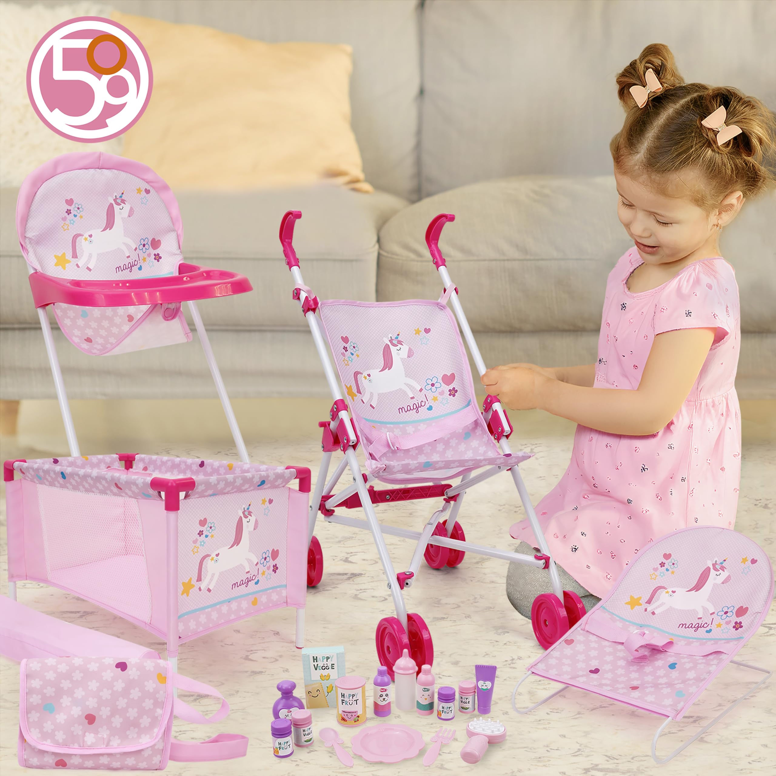 509 Crew Unicorn Pink 21-częściowy zestaw do zabawy i opieki, lalka, lalka, zestaw krzesełek, bouncer, diaper bag, akcesoria do karmienia i pielęgnacji, wiek 3+