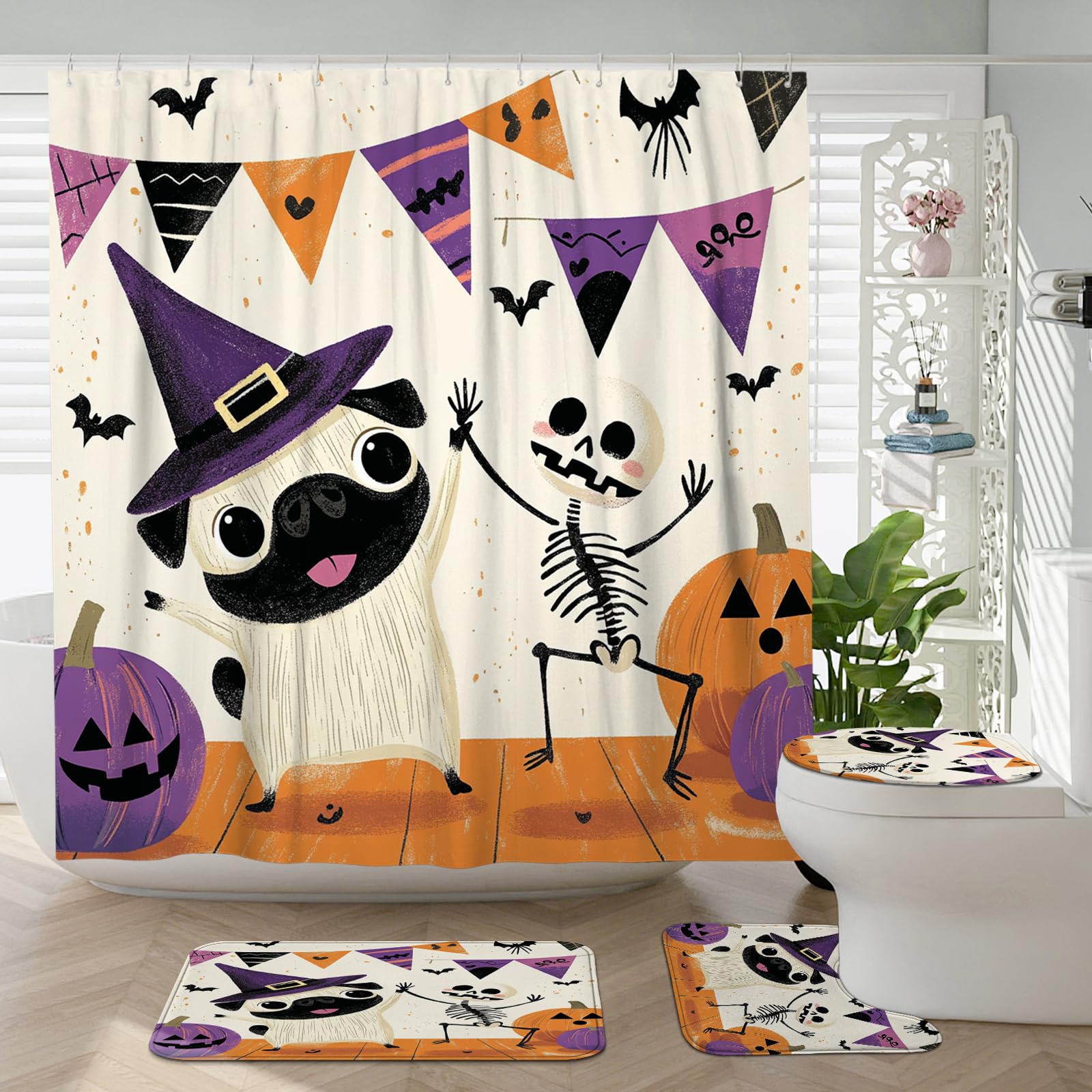 Rideaux de douche d'Halloween lot de 4 décoration grand format avec tapis pour toilette chiot