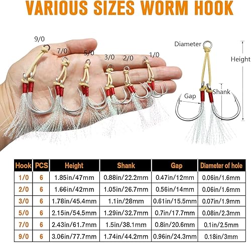 Miniatura 7 de Dovesun Anzuelos de pesca para jigging, anzuelos de inclinación lenta, anzuelos de pesca para agua salada, 6 unidades #10, #20, #30, #50, #70, #90