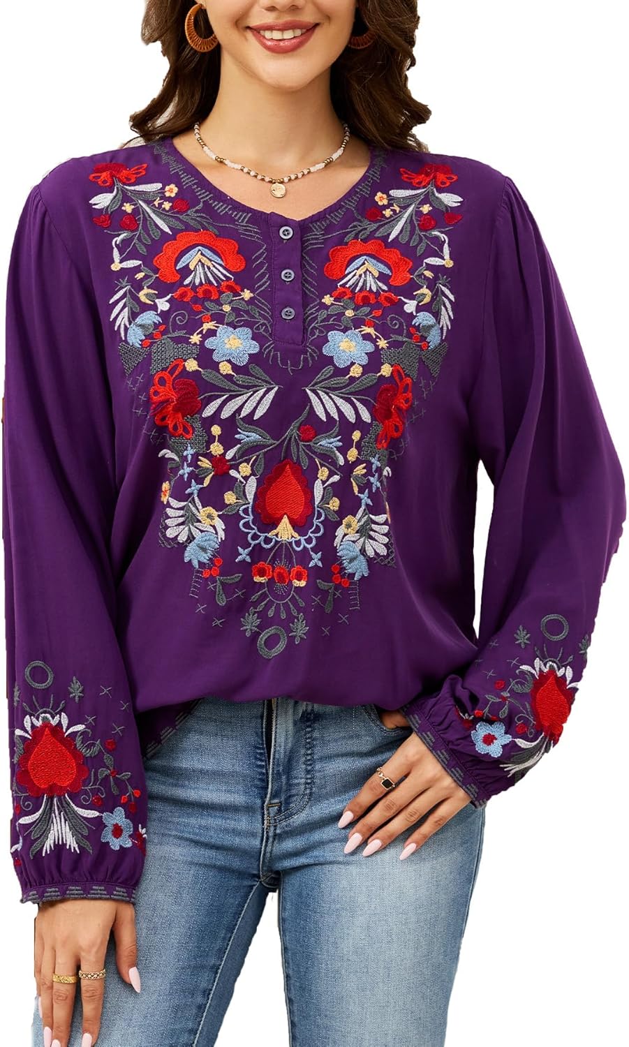 Womens Embroidered Tops Fall Shirts Long Sleeve Casual Mexican Blouses Loose Peasant Tunic Trendy Clothes - Image 2