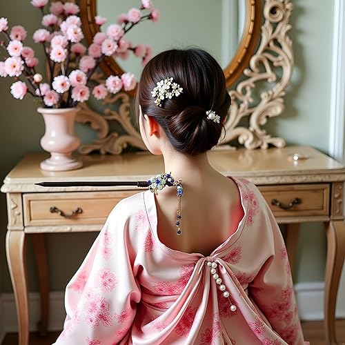 Miniatura 4 de Palillos de madera vintage japoneses chinos azules con flor y borla, palillos retro para bodas, fiestas y peinados Hanfu