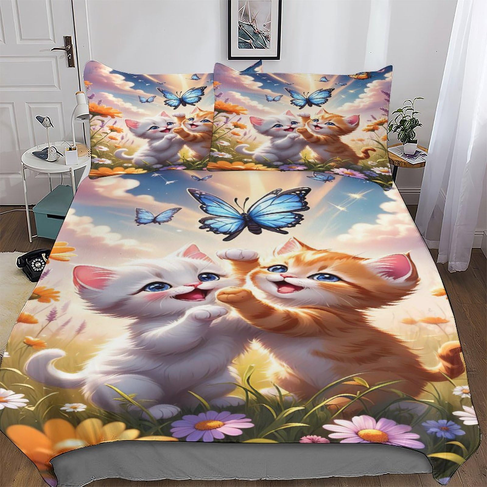 Pazzk Boys Cat-24 Cat Printed Duvet Cover Set For Girls Kids Teens Bedding Comforter Cover With Zipper Ultra Soft Microfiber Bedspread Quilt Covers With Pillowcase Single (135X200cm)
