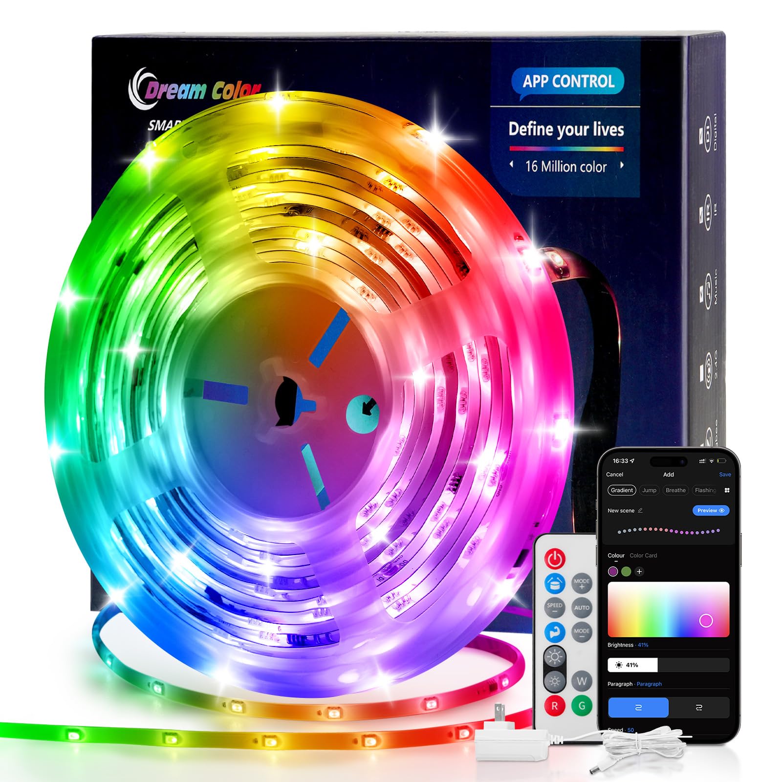 LED Lights for Bedroom 16.4ft, Smart RGB+IC LED Strip Lights with App/Remote Control, Music Sync Color Changing Flexible LED Lights with 64 Scene Modes for Party, Home, Christmas, Halloween Decor