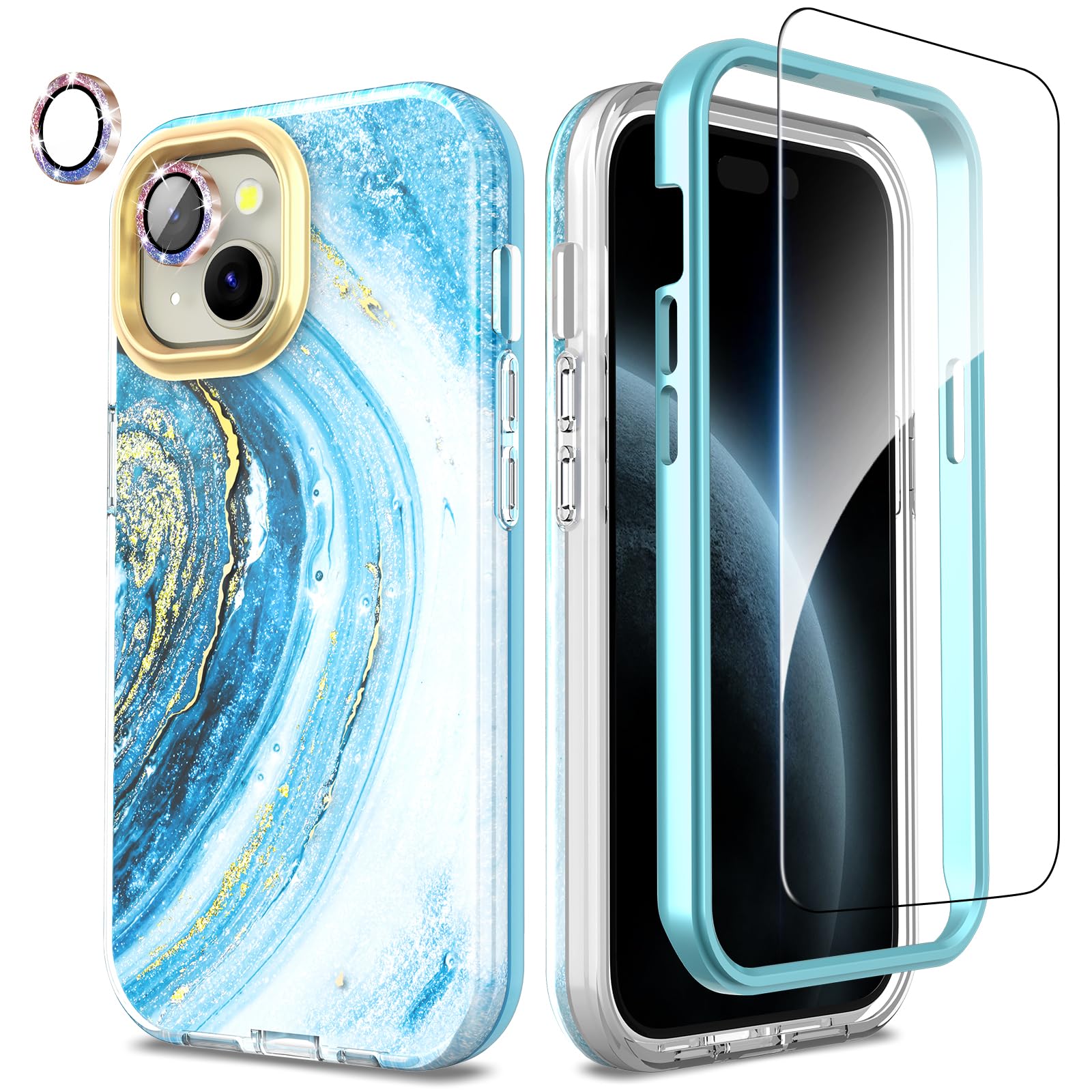 SHEDEER Cover per iPhone 15 Pro,4 in 1 Glitter Protezione Fotocamera Vetro Temperato&Paraurti, Custodia per iPhone 15 Pro Aesthetic,Brillante,360 Protezione Antiurto Antigraffio,Oro