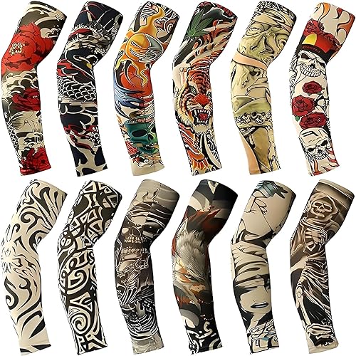 Tattoo Sleeves for Men, 12Pcs Arm Sleeves Fake Tattoos Sleeves to Cover Arms Cooling Sun Protection Sleeves