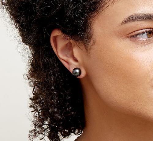 Miniatura 2 de The Pearl Source Tahitian Pearl Stud Earrings for Women, Genuine Cultured Black Pearls in 14K White and Yellow Gold, Hypoallergenic Jewelry