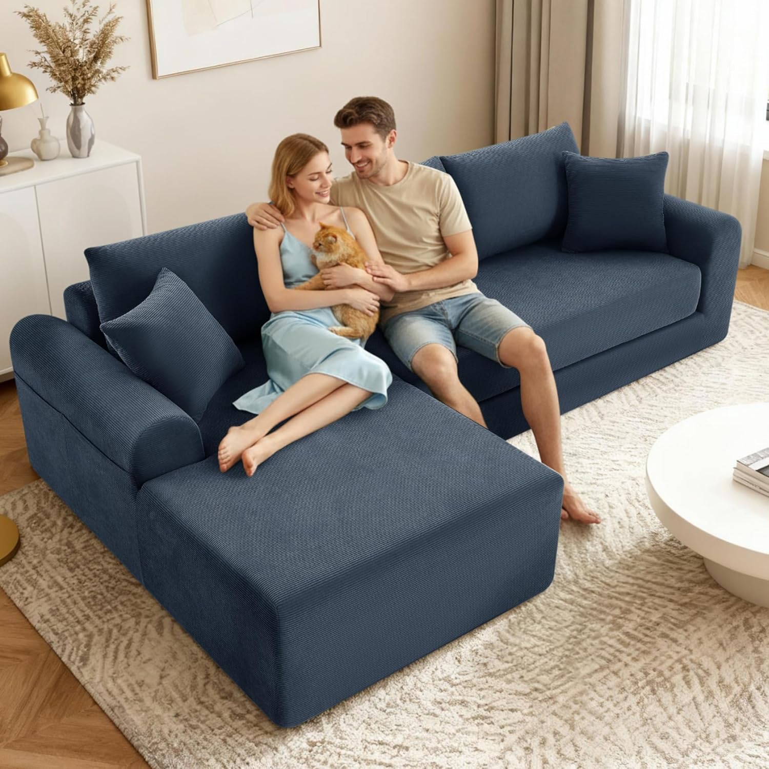 103 inch Cloud Sectional Couch, Modular Sectional Sofa with Deep Seat,Folding L-Shape Sofa Bed,Corduroy Boneless Couch Bed for Living Room,No Assembly Required,(Navy Blue,Left Facing Chaise)