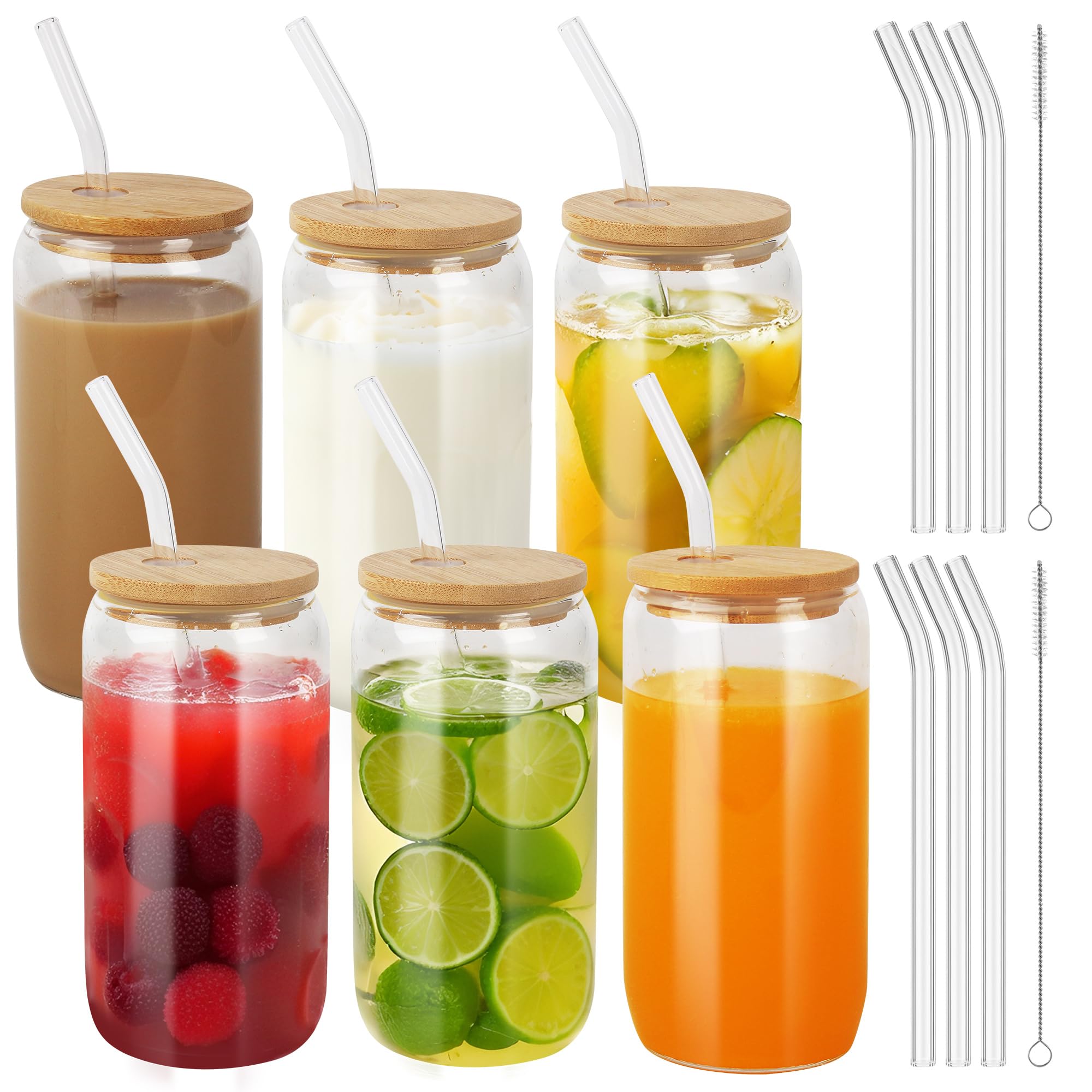 BUCOMTU 6er Set Glas mit Deckel und Strohhalm, 500 ml Trinkgläser mit deckel,Cocktailgläser Gläser Set,für Trinkgläser in Dosenform, Iced Coffee Glas, Cocktails