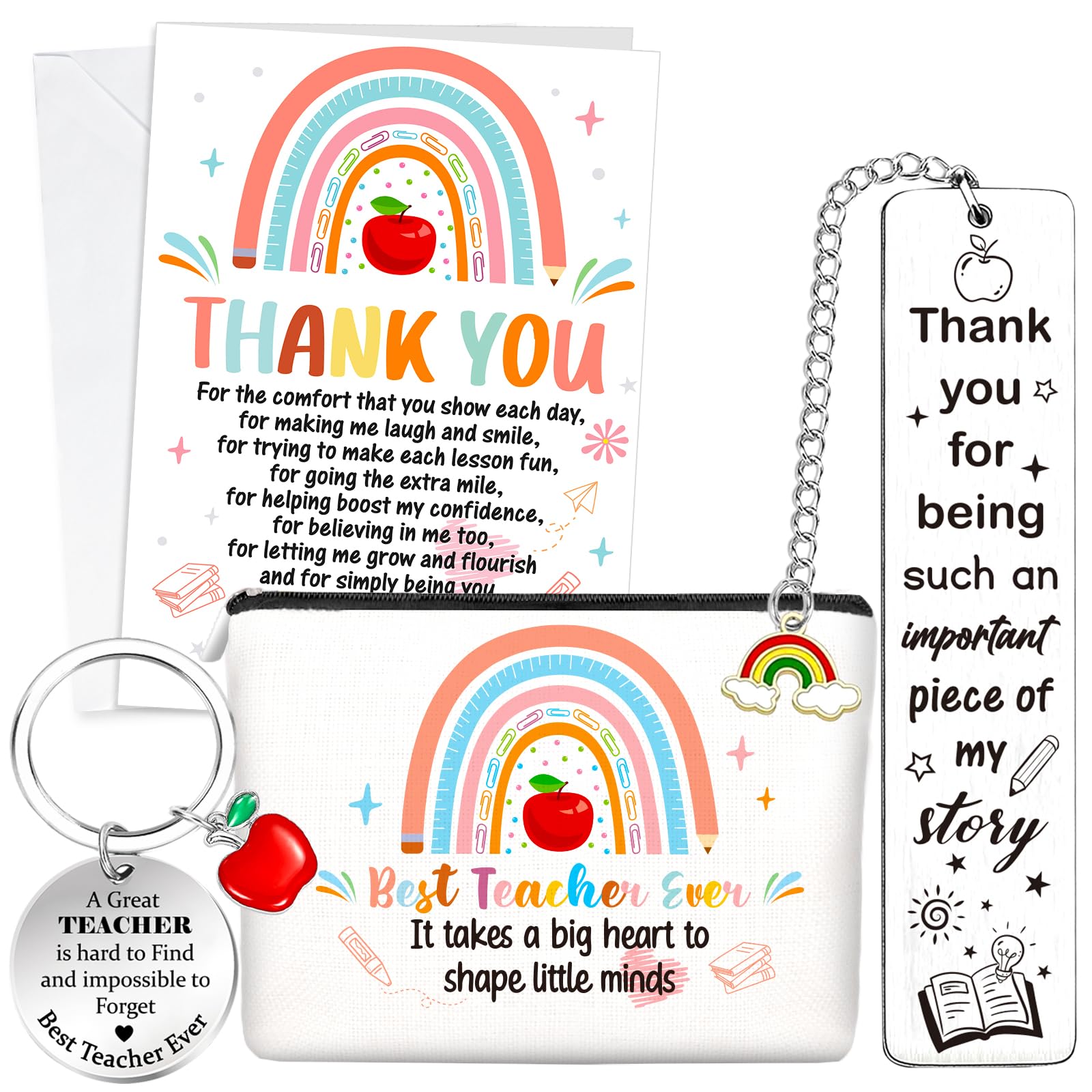 HOWAF Teacher Gifts for Women Men Thank You Teacher Card, Teacher Keyring, Bookmark, Makeup Bag Pencil Pouch