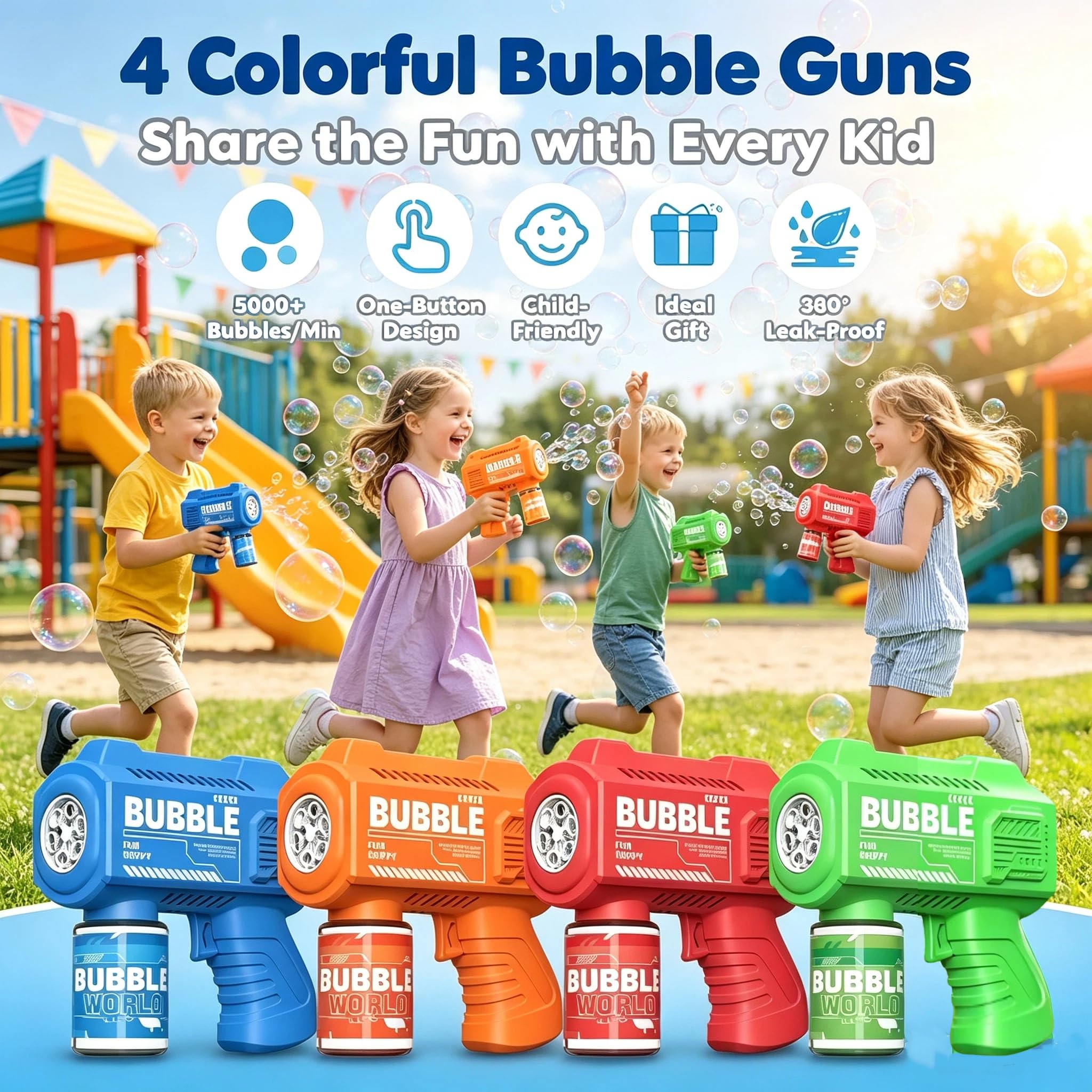 4 pistole per bolle di sapone, per bambini, 5000+ bolle/min, con soluzione per bolle di sapone, luce LED, regalo per bambini, compleanno, festa, matrimonio