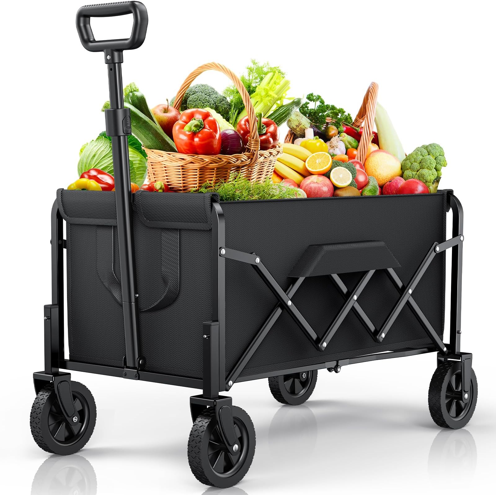 Small Collapsible Wagon with Wheels, Foldable Carts with 200lbs Load Capacity, Dog Wagon, Utility Shopping Cart for Groceries, Sports, Camping, Garden, Fishing, Black