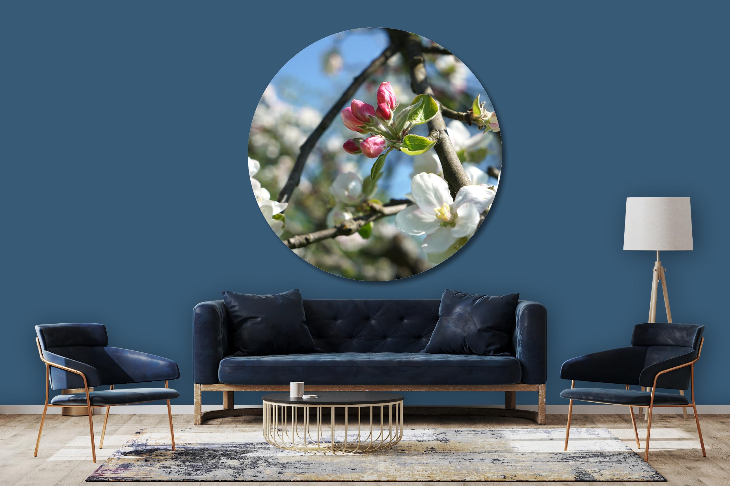 Glücksvilla - Fioritura dei meli 4 (vetro + acrilico 4 mm, Ø 120 cm) | varie misure - quadro murale rotondo - giardino fiori fioritura pianta natura botanica albero ramo ciliegia