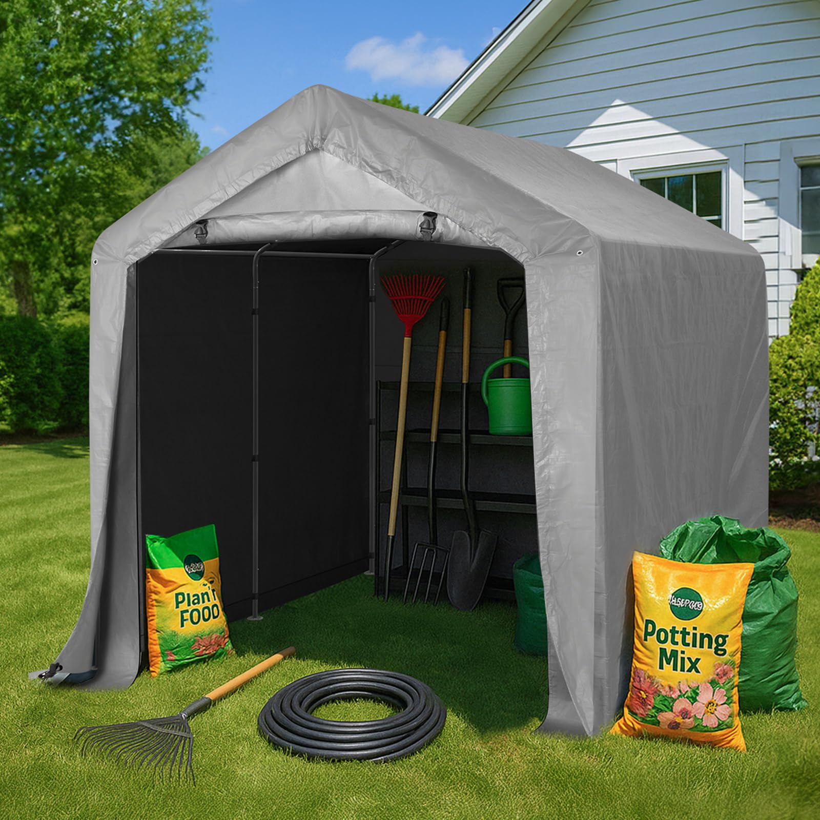 LEADZM Gerätehaus 240 x 240 cm,Wasserdicht & UV-Schutz mit Reißverschlusstür,Garagenzelt für Fahrräder,Gartengeräte & Terrasse,Gartenhaus,Fahrradgarage & Aufbewahrungszelt,Grau