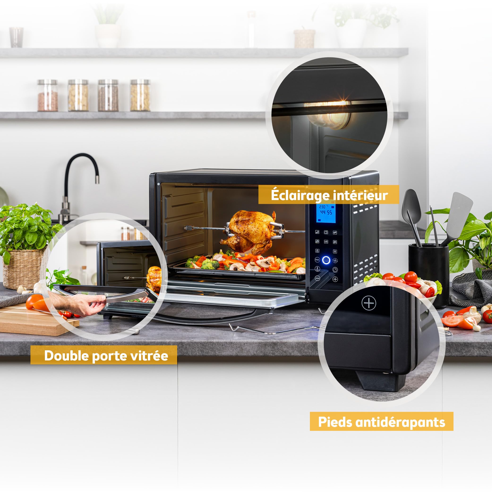 TZS First Austria – Mini-Four 45L 2000W digital – Revêtement Premium-X, Température jusqu'à 230°C & 4 Niveaux – Minuteur 180 Min & 8 Modes – Inclus Tournebroche – Pour Petites Cuisines & Camping