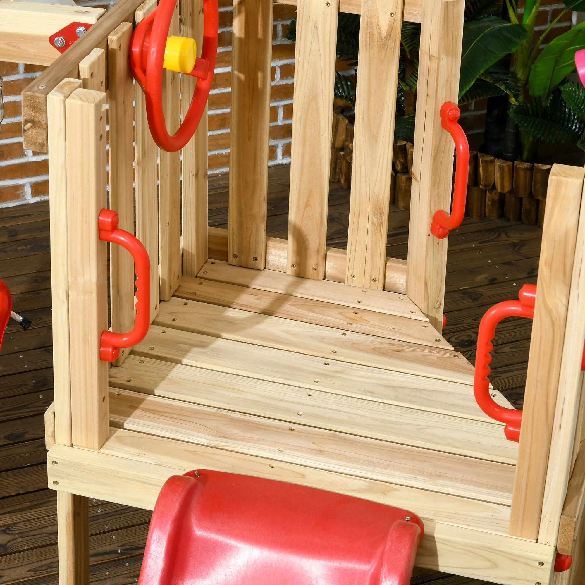 Outsunny Set 4 in 1 con Scivolo, Altalena da Giardino, Volante e Corno Sonoro, Giochi da Esterno per Bambini Età 18-48 Mesi, Struttura in Legno e Plastica, Rosso