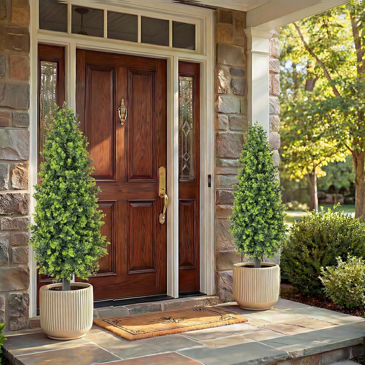 3ft Artificial Topiary Trees with Ground Spike Set of 2 36" Outdoor Faux Plants Realistic Fake Bushes Lifelike Shrubs Decorations for Outdoor Indoor Front Porch Garden (Green, 36in)