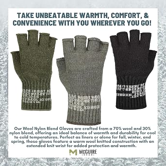 M MCGUIRE GEAR GI Wool Fingerless Glove Liners, Half Finger Glove Inserts, for Running, Hiking and Climbing - Made in USA