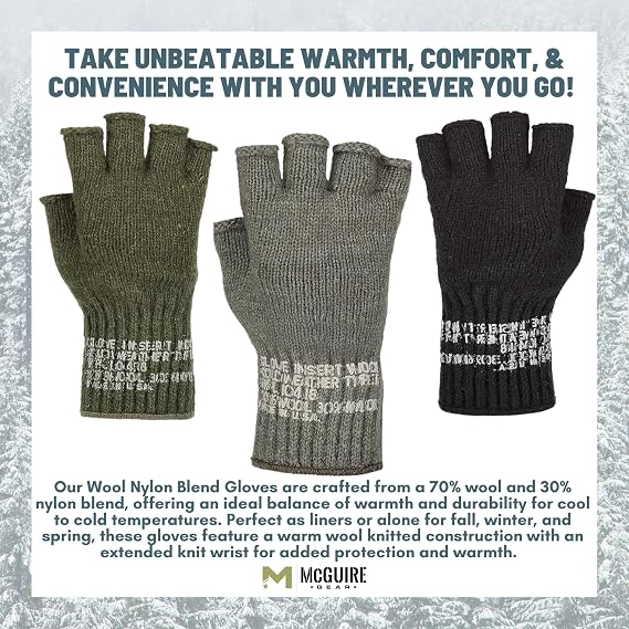 M MCGUIRE GEAR GI Wool Fingerless Glove Liners, Half Finger Glove Inserts, for Running, Hiking and Climbing - Made in USA