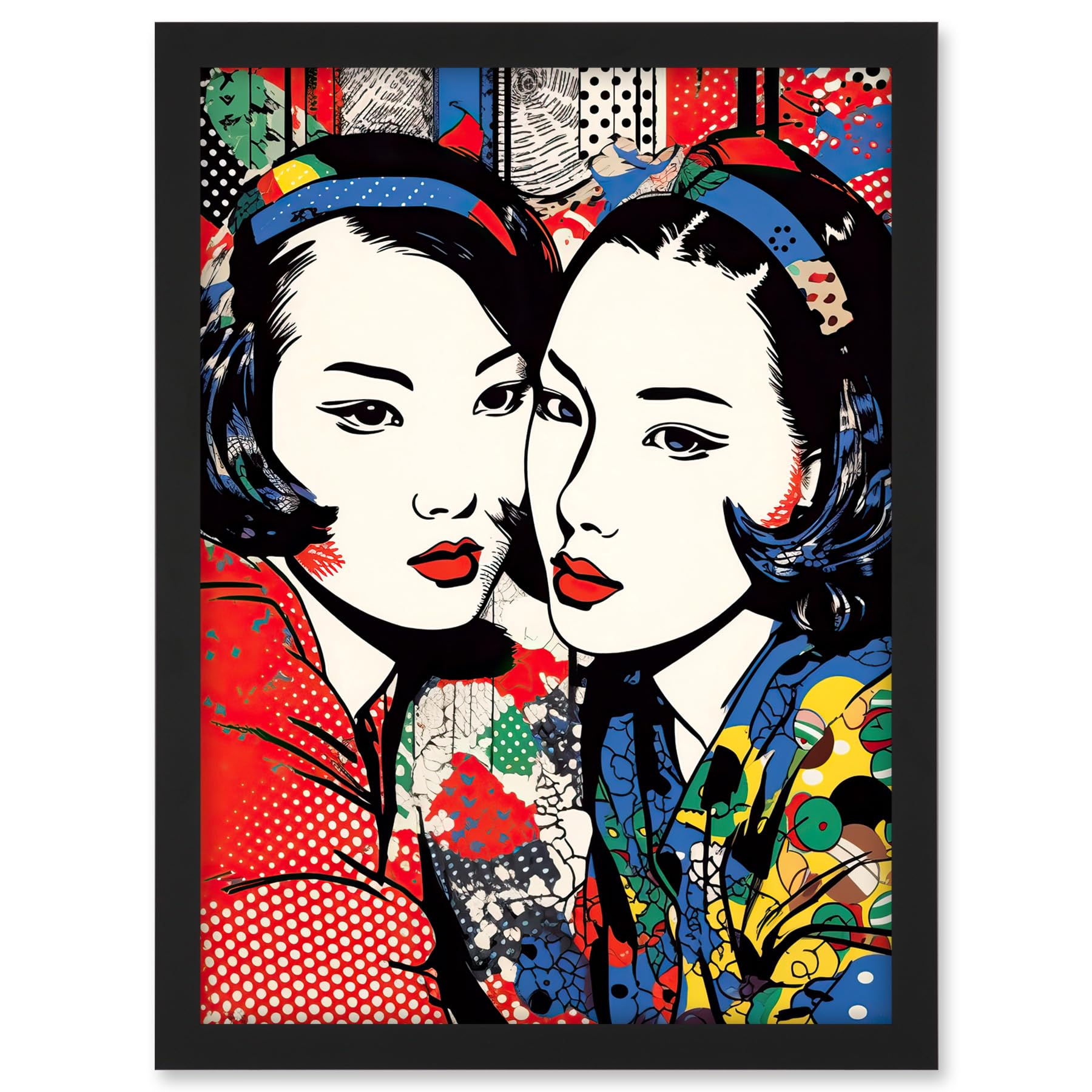 Artery8 Gay Japan Women Linocut Vibrant Geometric Patterns LGBTQ Pan Portrait Halftone Artwork Framed A3 Wall Art Print