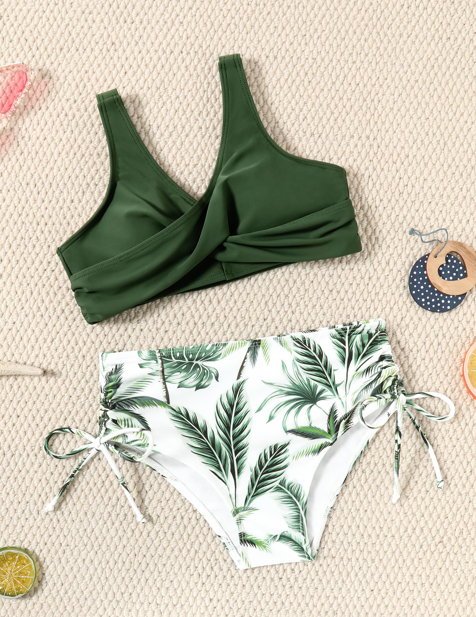 Arshiner Dziewczęcy zestaw bikini z dekoltem w serek, o wyglądzie owinięcia, tankini, wysoka talia, spodnie bikini ze ściągaczem, dla dzieci, syrenka, panterka, kostium kąpielowy, dwuczęściowy, moda