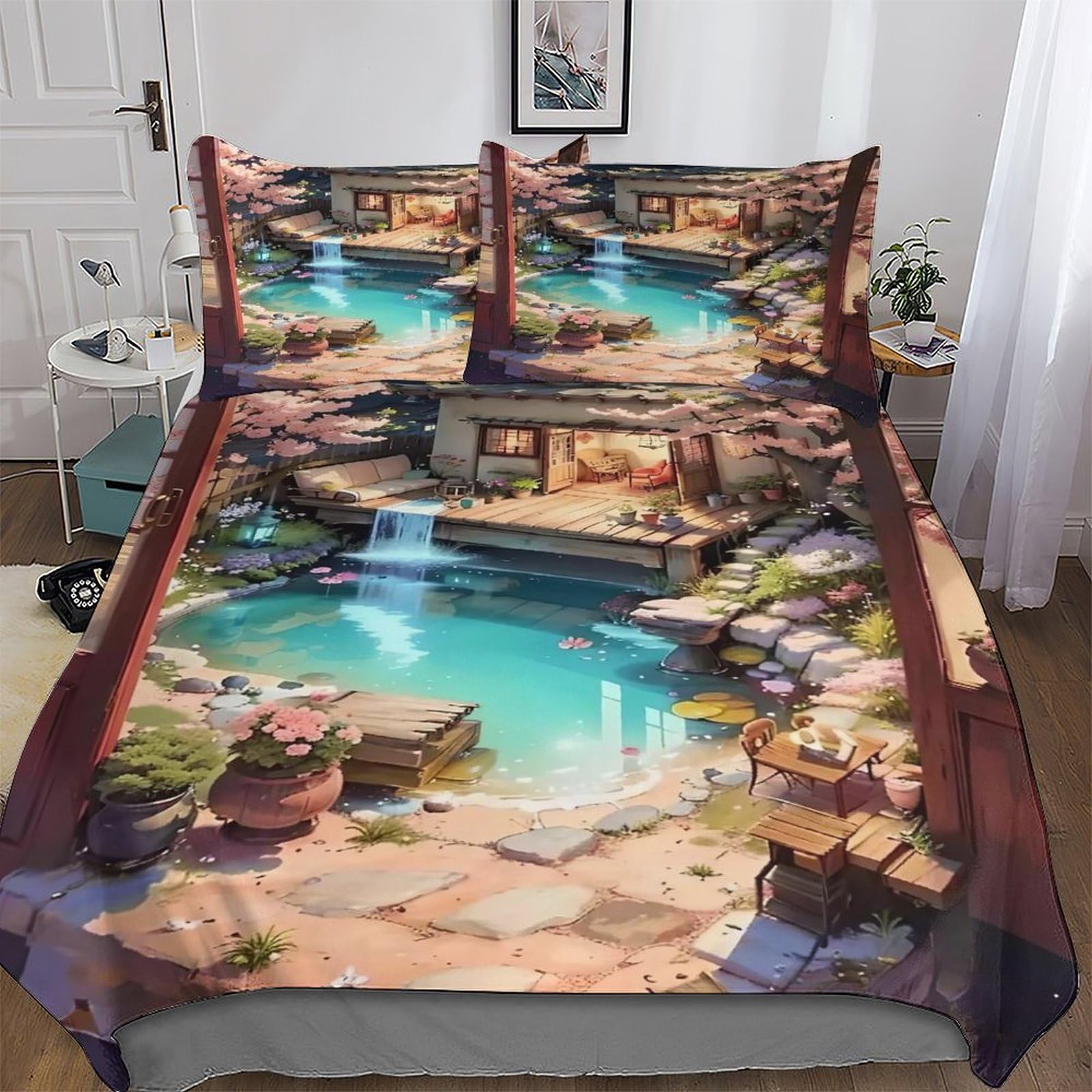 Parure de lit microfbre style japonais 220x240 cm avec ses 2 taies d'oreiller assorties